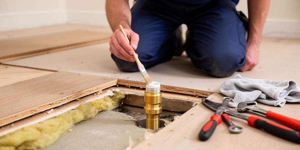 Нанесение герметика на трубный фитинг при ремонте пола