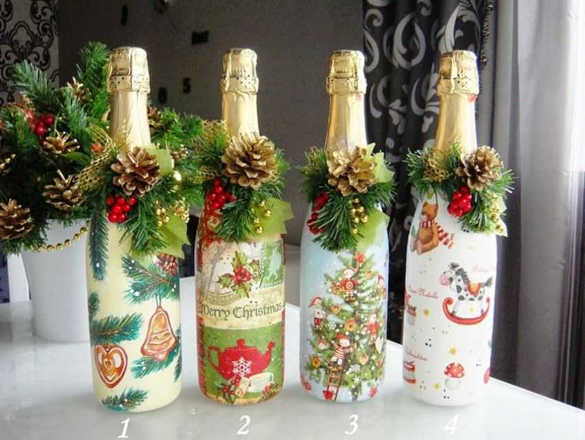 Декупаж новогодних бутылок шампанского своими руками: 5 подробных мастер-классов
