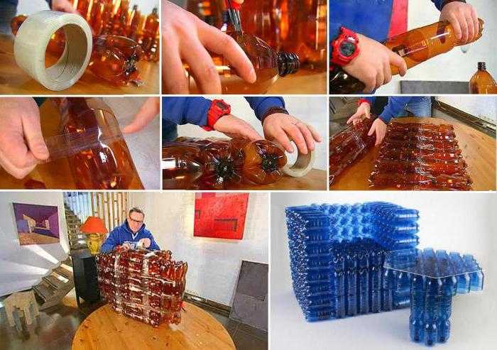 Как сделать своими руками стул из пластиковых бутылок. Изготовление из бутылок стула со спинкой. Мягкий пуф из бутылок. Подробные инструкции сборки.