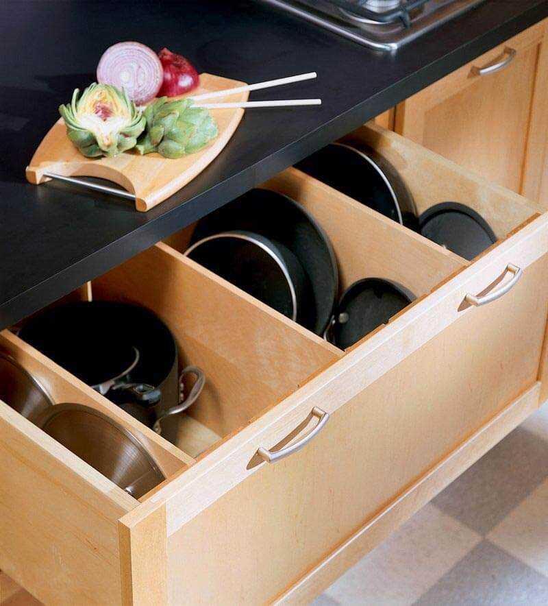 Хранение сковородок: выбор подставки. описание органайзеров и держателей для хранения сковородок на кухне