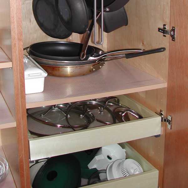 Варианты хранения сковородок и кастрюль на кухне