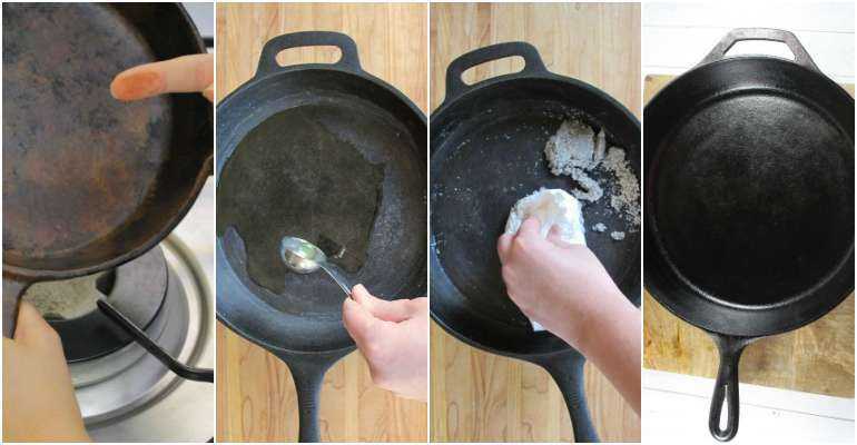 Если чугунная сковорода начала ржаветь, значит тонкое антипригарное покрытие стерлось. Его нужно нанести вновь, и использовать для этого можно обычную соль и масло.